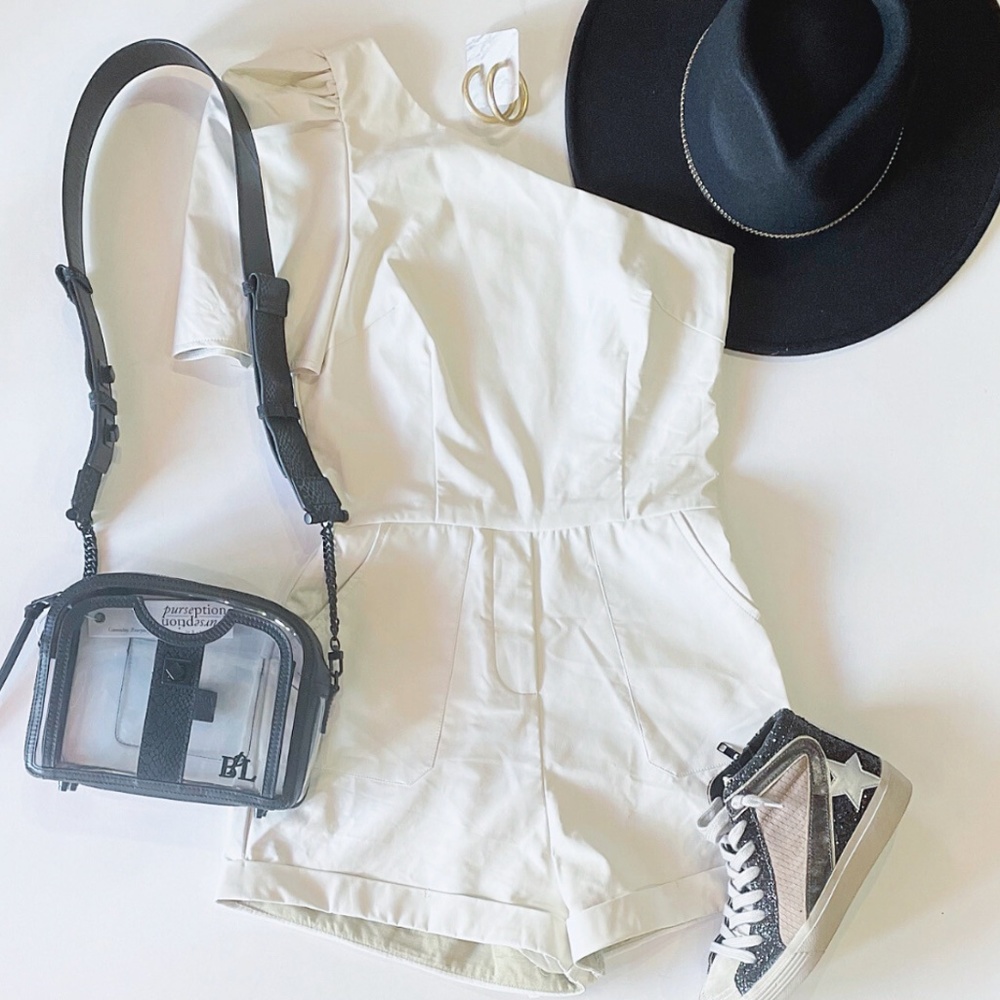 White one shoulder faux leather boutique romper